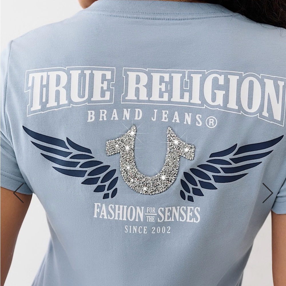 True Religion Crushed Crystal Horseshoe V Neck Tee
 Sz “M” MSRP $62 NWT